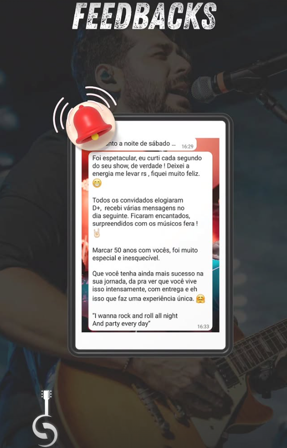 Mensagem de WhatsApp de cliente elogiando a energia do show e os músicos